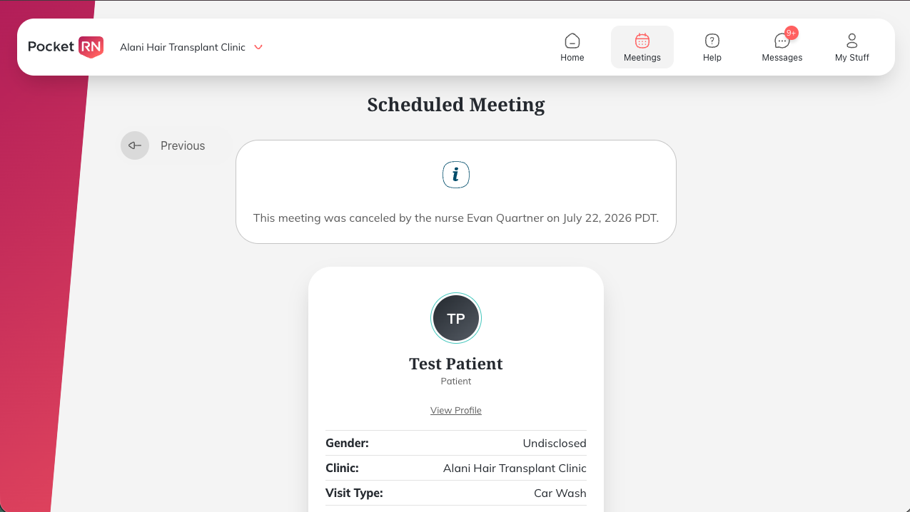 Canceled PocketRN meeting with a banner identifying who canceled it and when