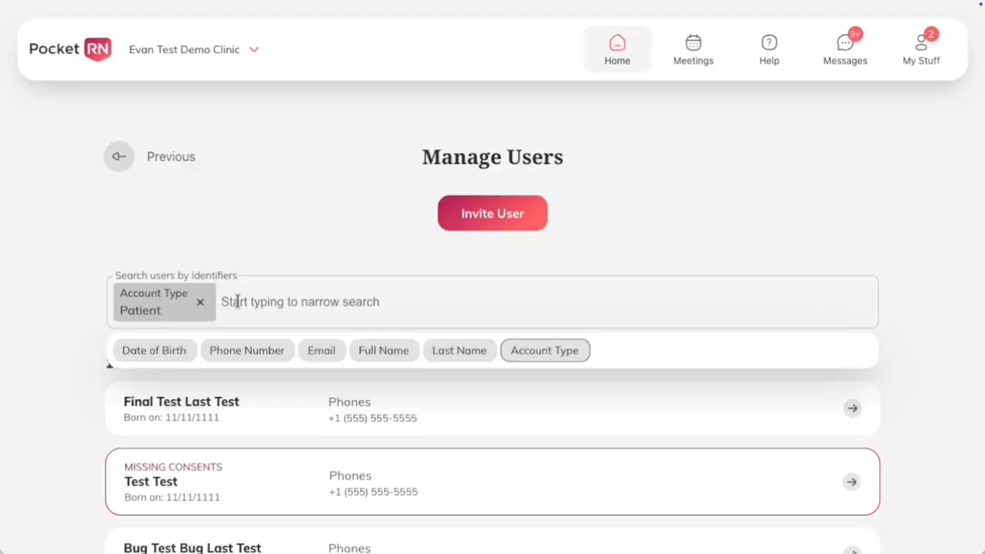 PocketRN care admin user search filtered by account type