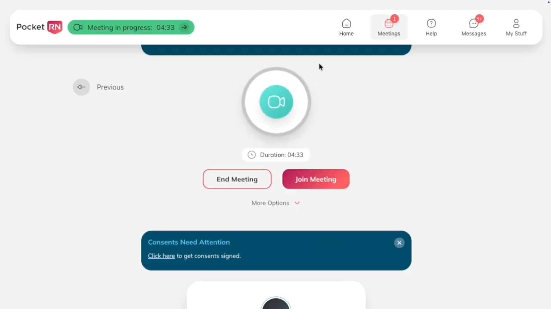 PocketRN meeting page showing a consents need attention suggestion card