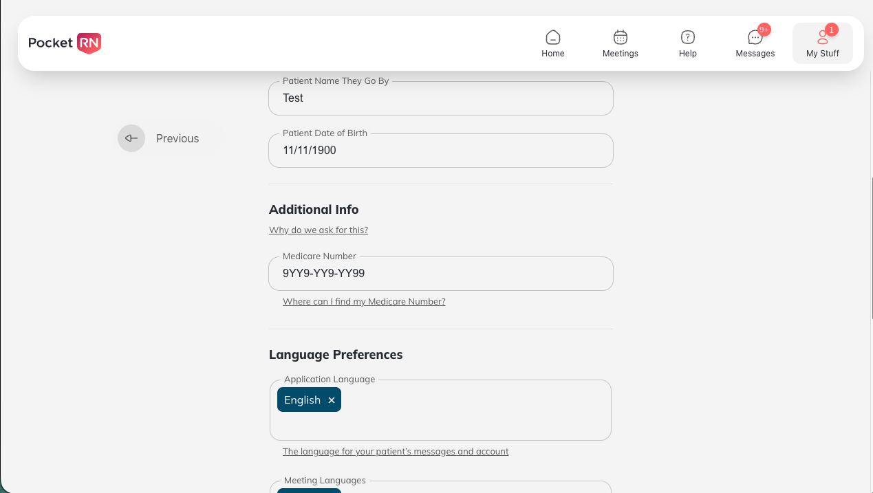 PocketRN registration form with a Medicare number field