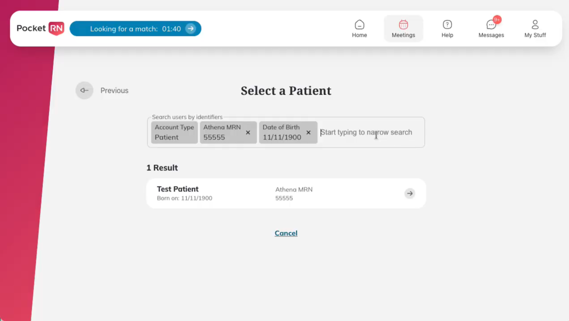 PocketRN patient search filtered by MRN and date of birth