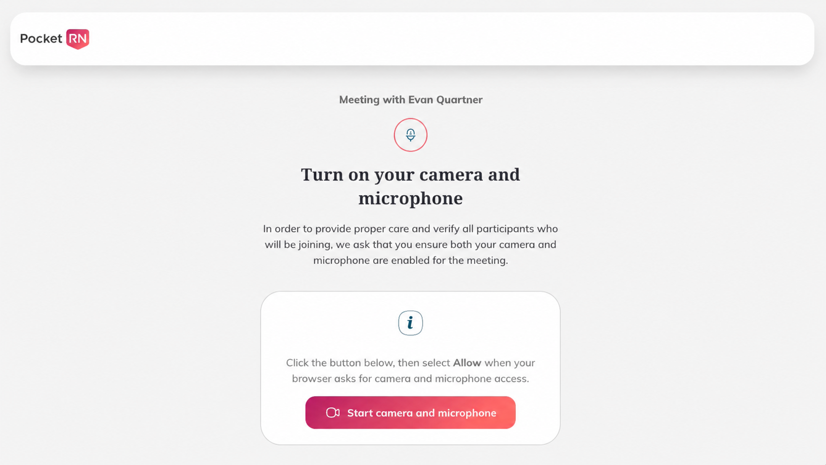 PocketRN guided pre-join screen asking for camera and microphone access